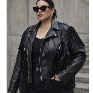 Vintage Women’s 3XL Black Heavy Leather Fringe Motorcycle Jacket Western Biker